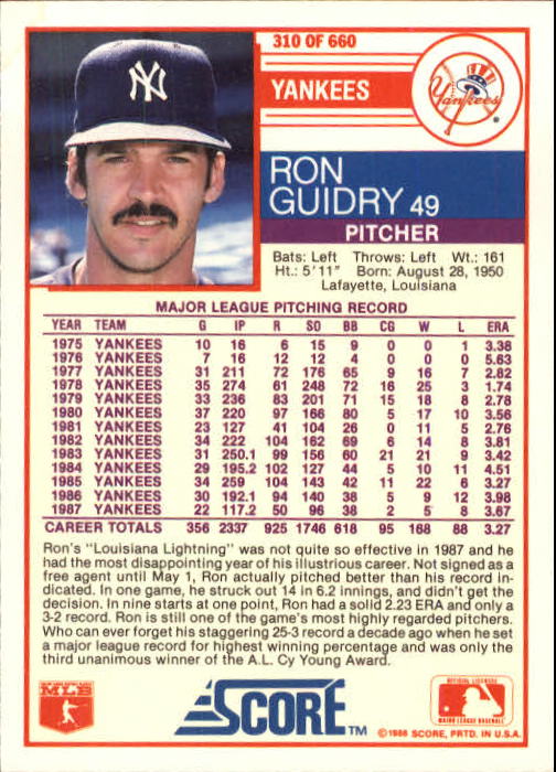 1988 Score #310 Ron Guidry back image