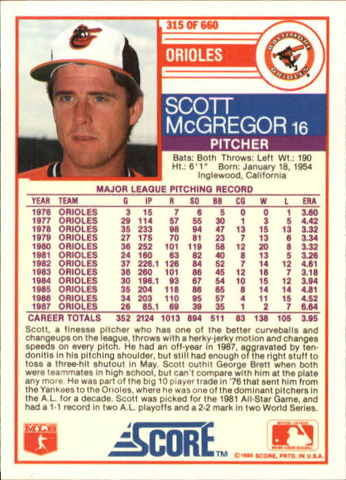 A0417- 1988 Score Baseball Cards 251-500 +Rookies -You Pick- 15+ FREE US SHIP - Picture 129 of 497