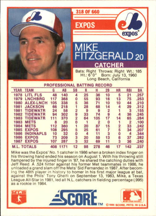 A0417- 1988 Score Baseball Cards 251-500 +Rookies -You Pick- 15+ FREE US SHIP - Picture 135 of 497