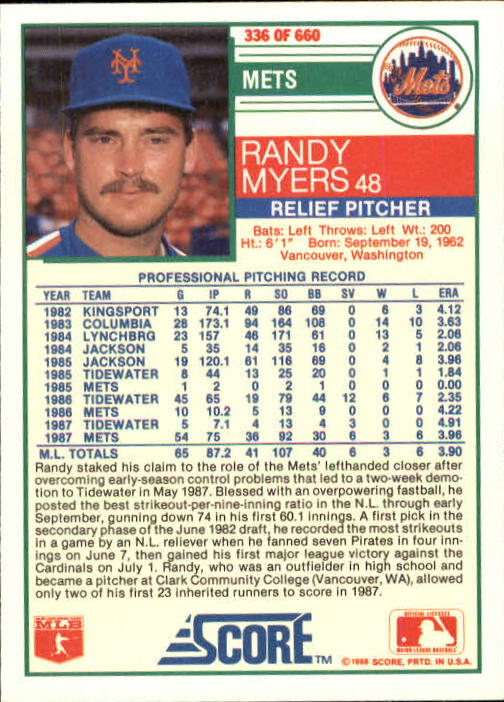 A0417- 1988 Score Baseball Cards 251-500 +Rookies -You Pick- 15+ FREE US SHIP - Picture 171 of 497