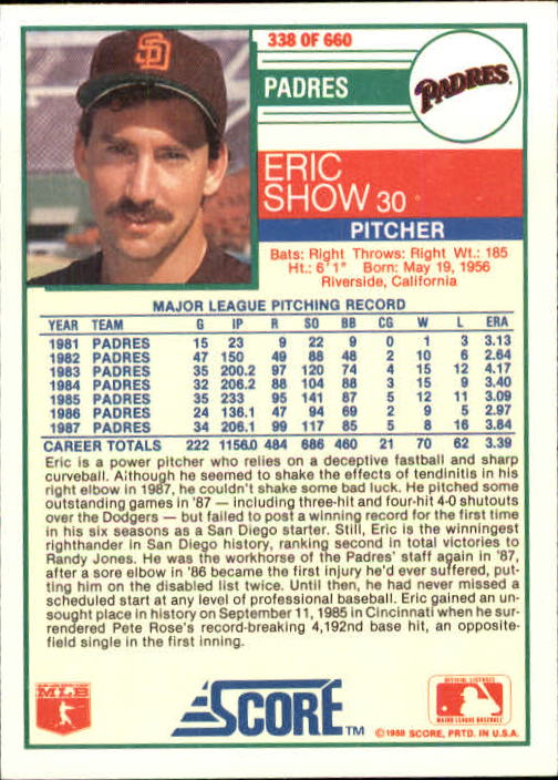 A0417- 1988 Score Baseball Cards 251-500 +Rookies -You Pick- 15+ FREE US SHIP - Picture 175 of 497