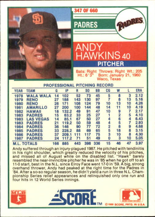 1988 Score #347 Andy Hawkins back image