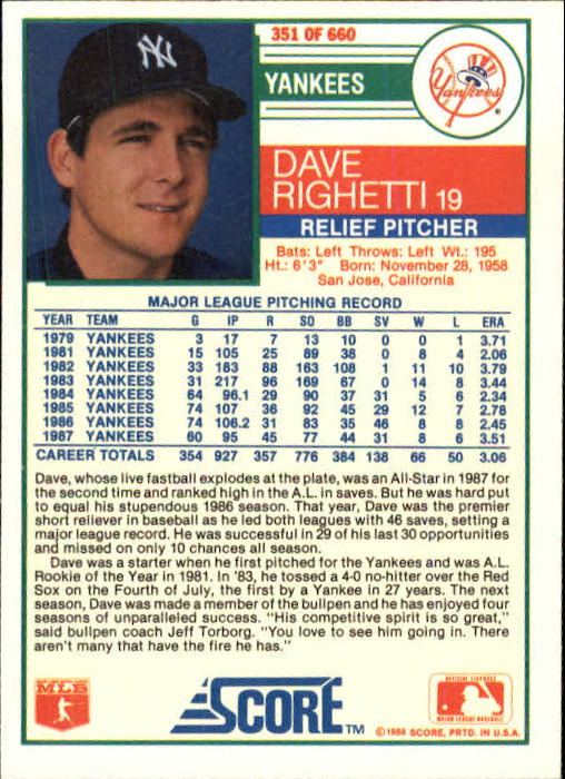 1988 Score #351 Dave Righetti back image