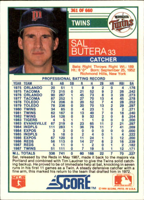 A0417- 1988 Score Baseball Cards 251-500 +Rookies -You Pick- 15+ FREE US SHIP - Picture 221 of 497