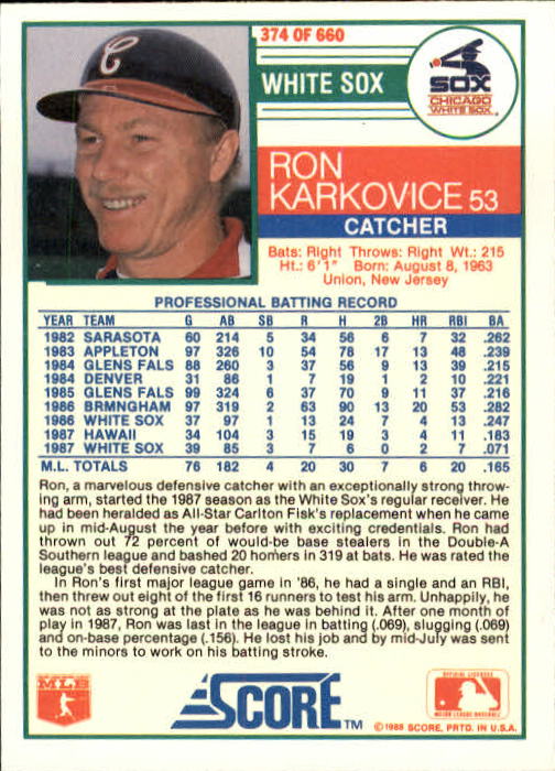 1988 Score #374 Ron Karkovice back image