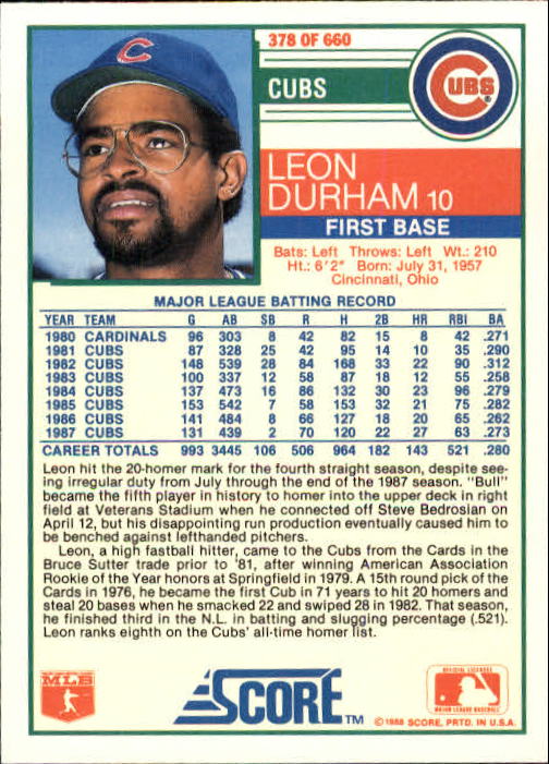 1988 Score #378 Leon Durham back image