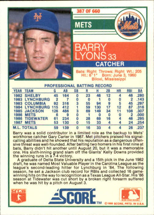 A0417- 1988 Score Baseball Cards 251-500 +Rookies -You Pick- 15+ FREE US SHIP - Picture 273 of 497