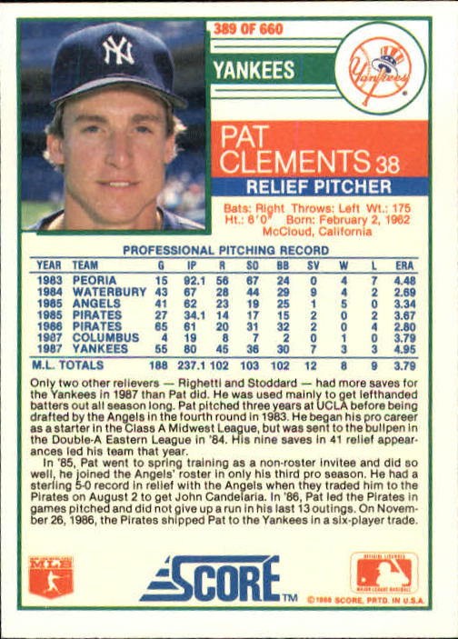 1988 Score #389 Pat Clements back image