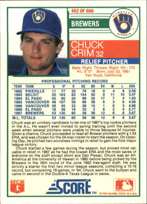 A0417- 1988 Score Baseball Cards 251-500 +Rookies -You Pick- 15+ FREE US SHIP - Picture 303 of 497