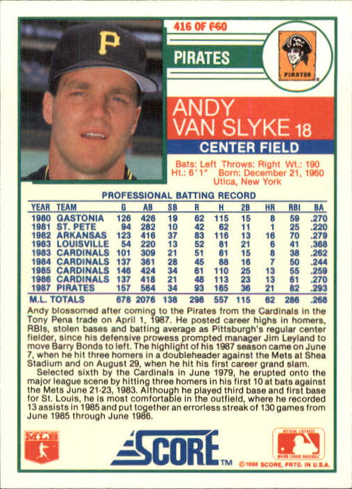 A0417- 1988 Score Baseball Cards 251-500 +Rookies -You Pick- 15+ FREE US SHIP - Picture 331 of 497