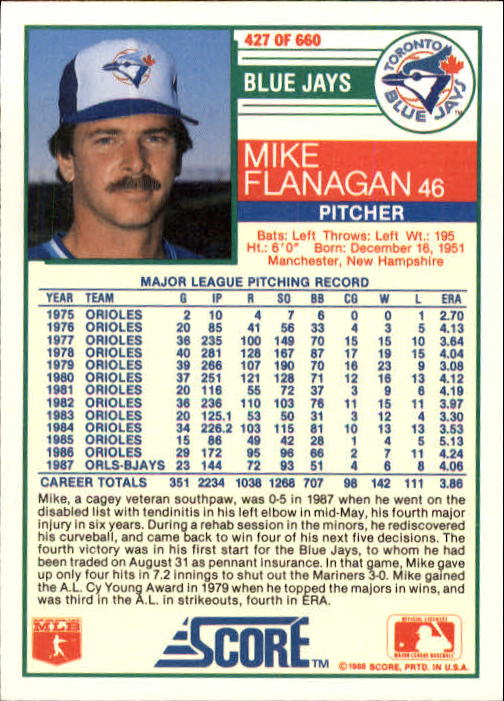 A0417- 1988 Score Baseball Cards 251-500 +Rookies -You Pick- 15+ FREE US SHIP - Picture 351 of 497