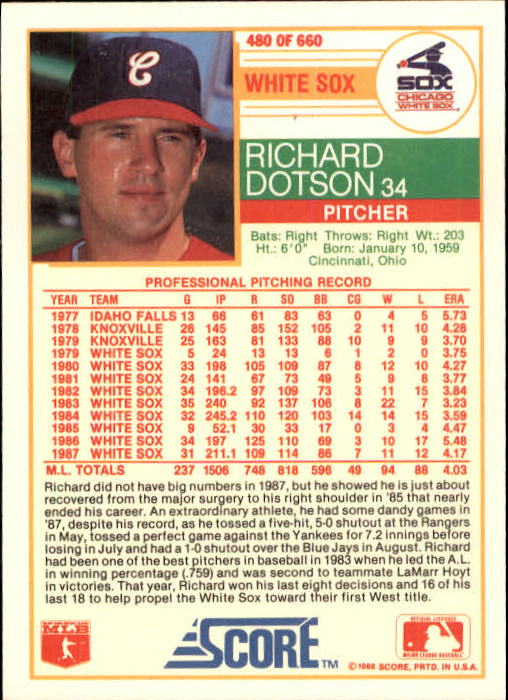 1988 Score #480 Richard Dotson back image
