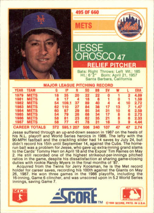 1988 Score #495 Jesse Orosco back image
