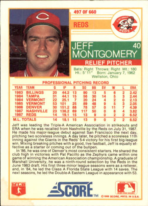 1988 Score #497 Jeff Montgomery RC back image