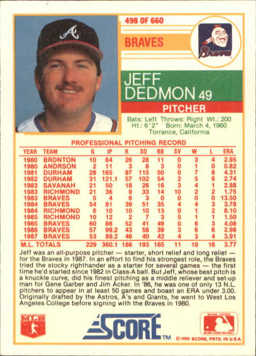 1988 Score #498 Jeff Dedmon back image