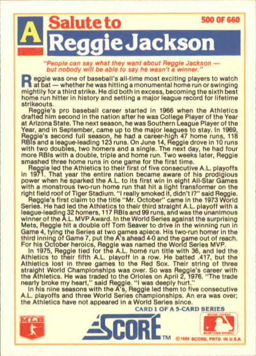 A0417- 1988 Score Baseball Cards 251-500 +Rookies -You Pick- 15+ FREE US SHIP - Picture 497 of 497