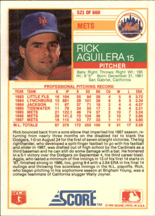 1988 Score #521 Rick Aguilera back image