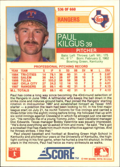 1988 Score #536 Paul Kilgus back image
