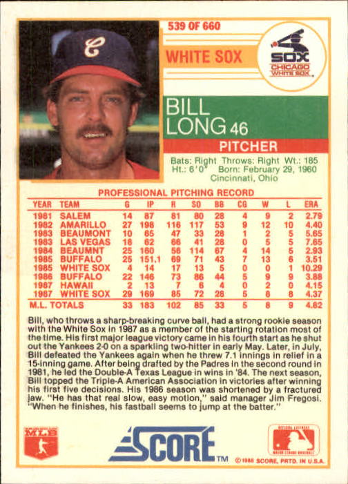 1988 Score #539 Bill Long back image