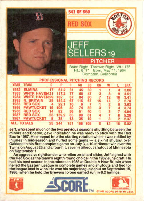 1988 Score #541 Jeff Sellers back image