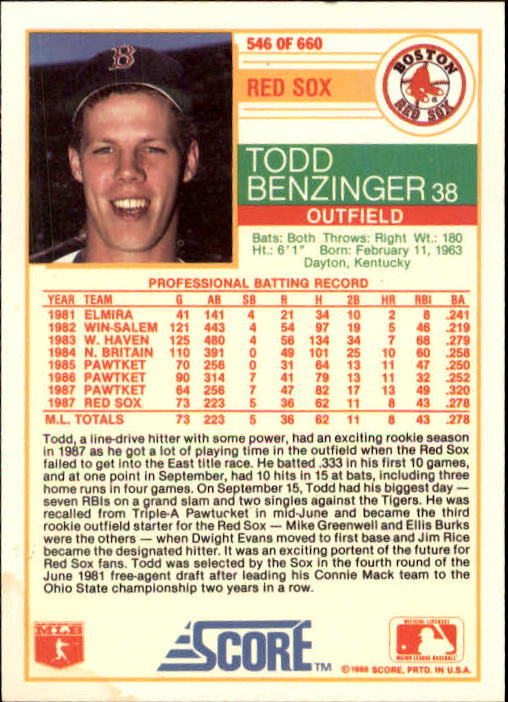 1988 Score #546 Todd Benzinger RC back image
