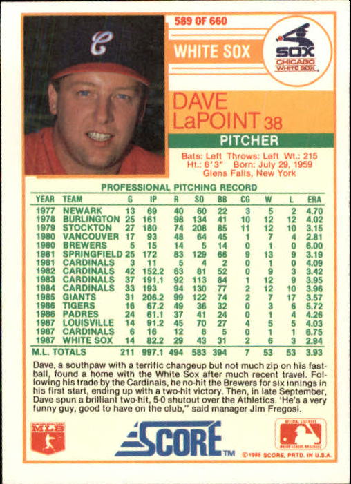 1988 Score #589 Dave LaPoint back image