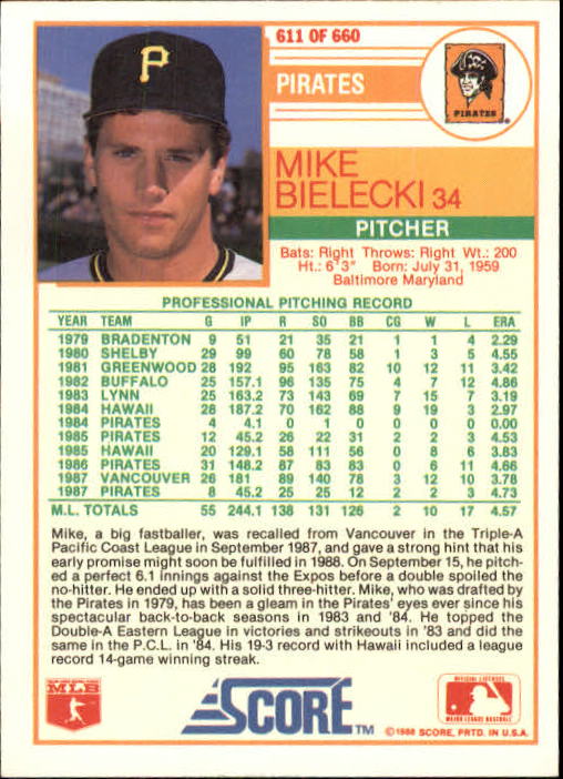 1988 Score #611 Mike Bielecki back image