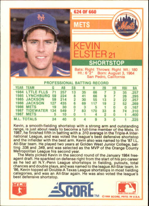 1988 Score #624 Kevin Elster back image
