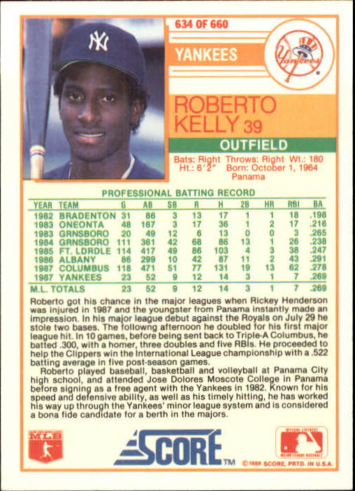 1988 Score #634 Roberto Kelly RC back image