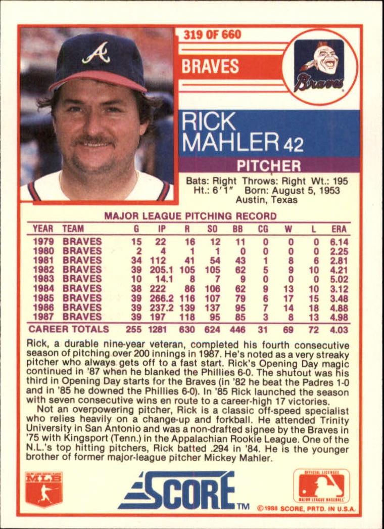 1988 Score Glossy #319 Rick Mahler back image