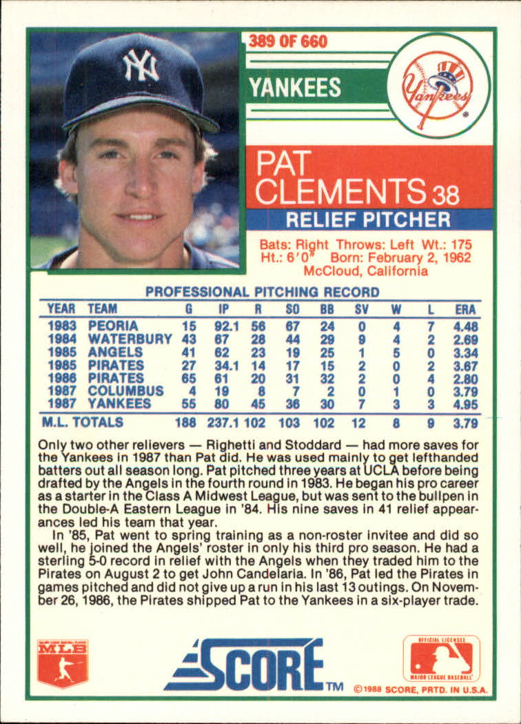 1988 Score Glossy #389 Pat Clements back image
