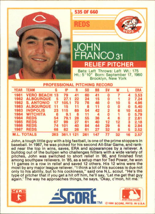1988 Score Glossy #535 John Franco back image