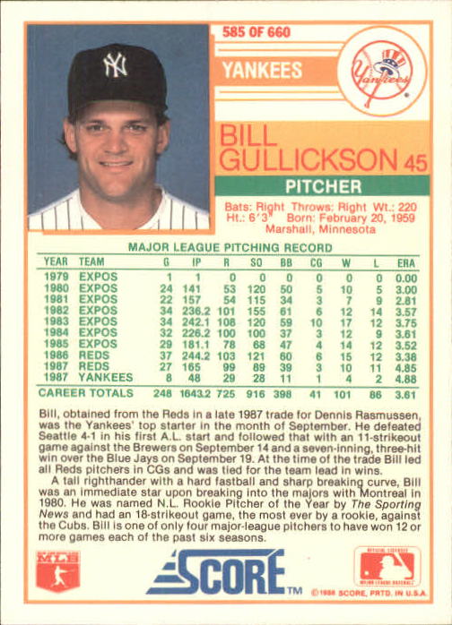 1988 Score Glossy #585 Bill Gullickson back image