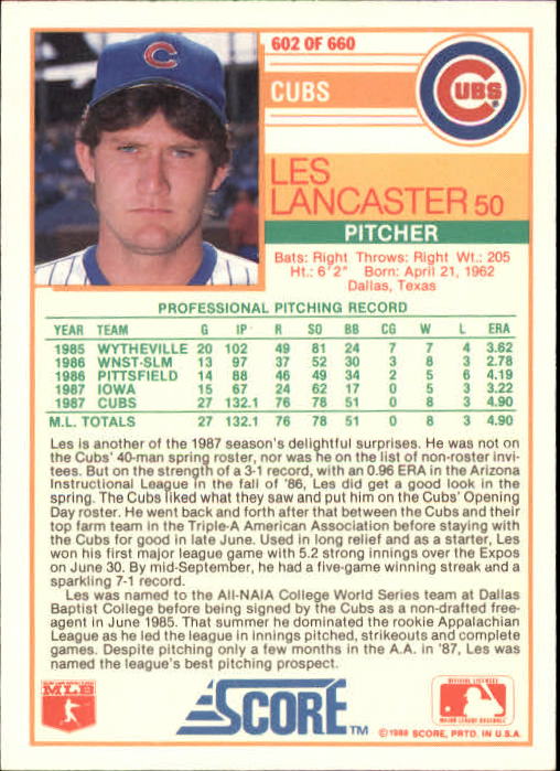 1988 Score Glossy #602 Les Lancaster back image