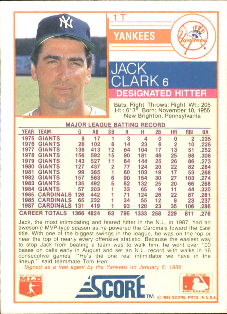 1988 Score Rookie/Traded #1T Jack Clark back image