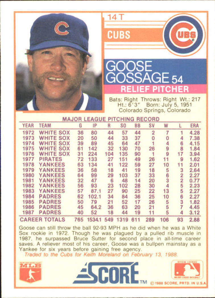 1988 Score Rookie/Traded #14T Goose Gossage back image