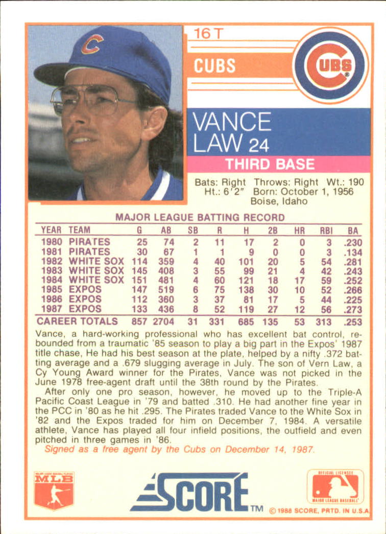 1988 Score Rookie/Traded #16T Vance Law back image