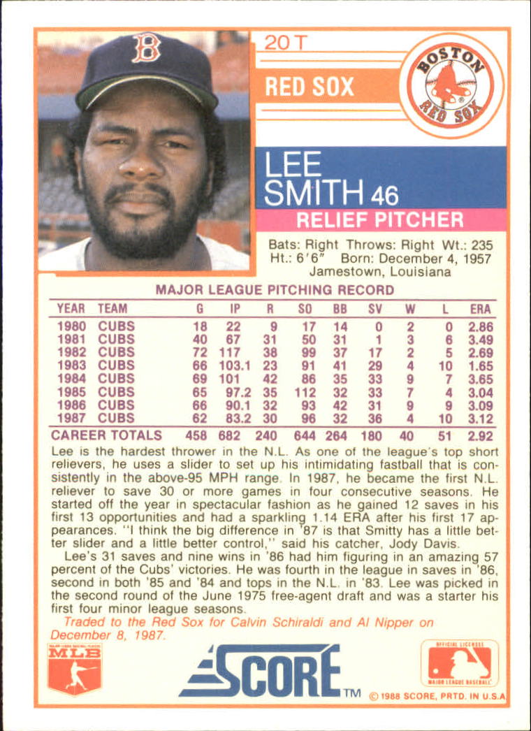 1988 Score Rookie/Traded #20T Lee Smith back image