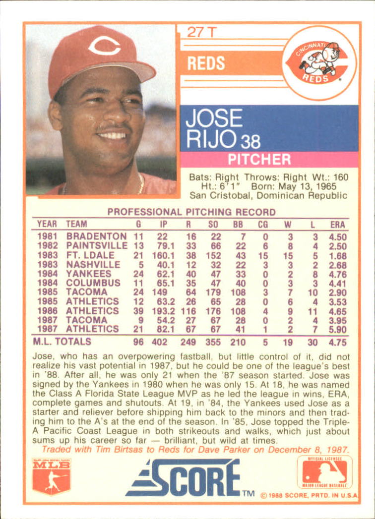 1988 Score Rookie/Traded #27T Jose Rijo back image