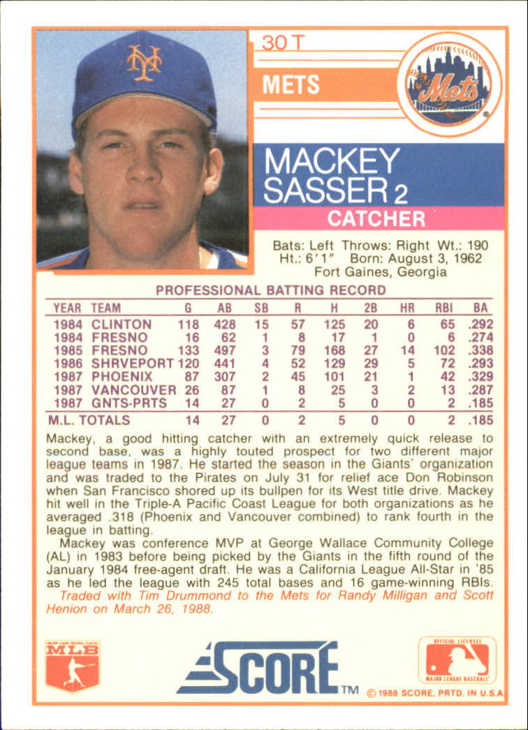 1988 Score Rookie/Traded #30T Mackey Sasser back image