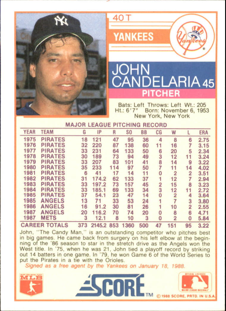 1988 Score Rookie/Traded #40T John Candelaria back image