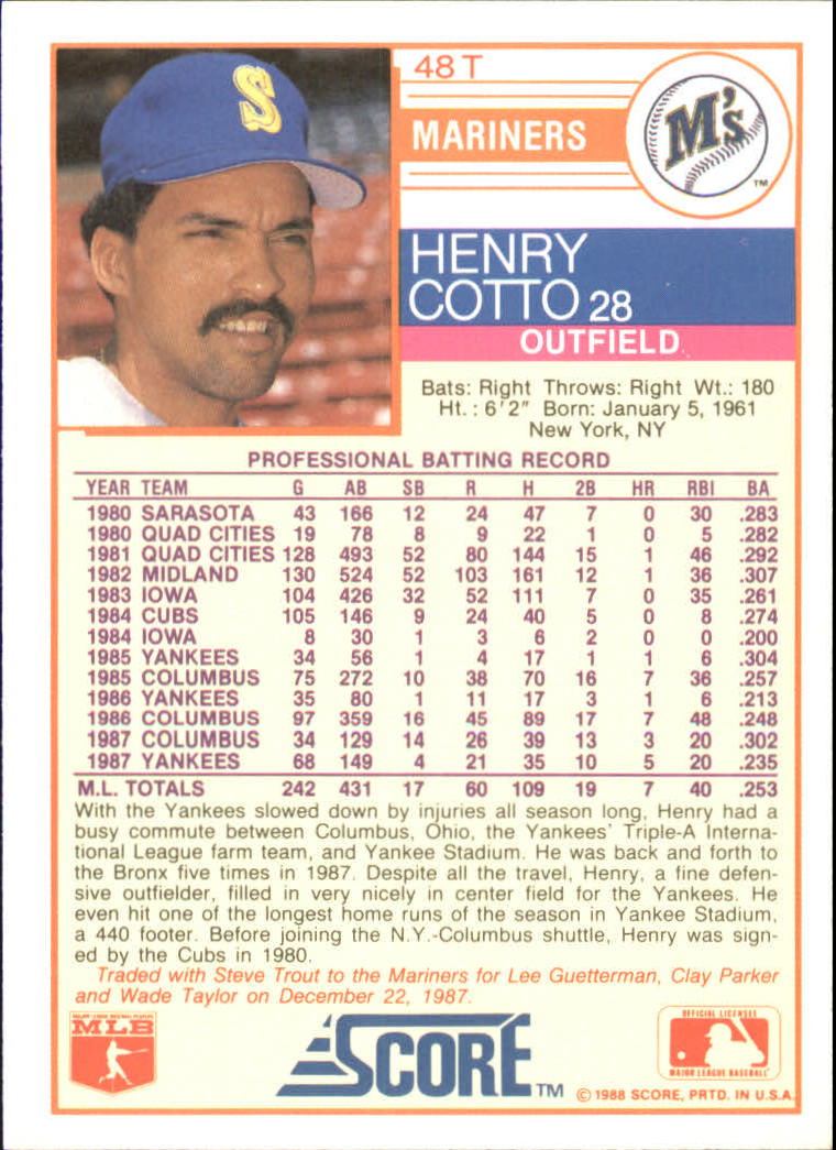 1988 Score Rookie/Traded #48T Henry Cotto back image