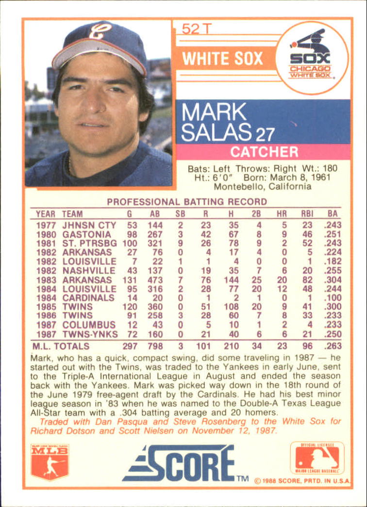 1988 Score Rookie/Traded #52T Mark Salas back image