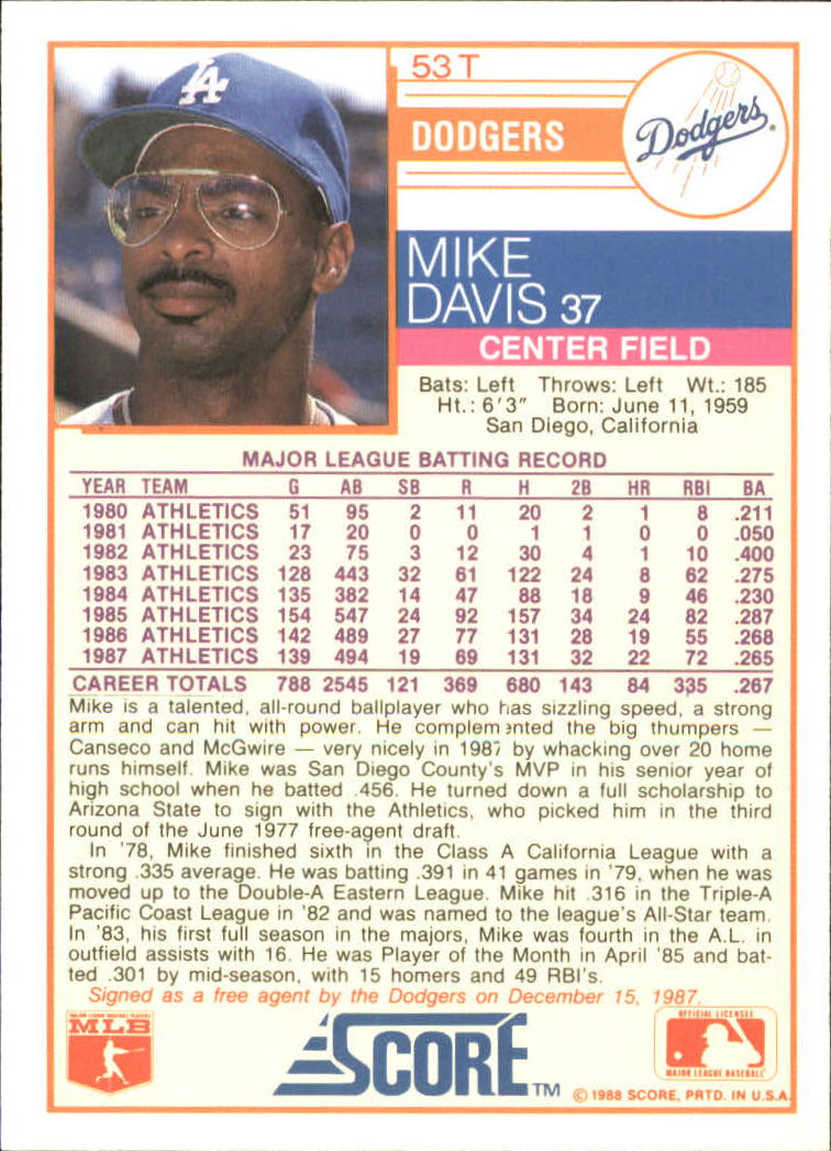 1988 Score Rookie/Traded #53T Mike Davis back image