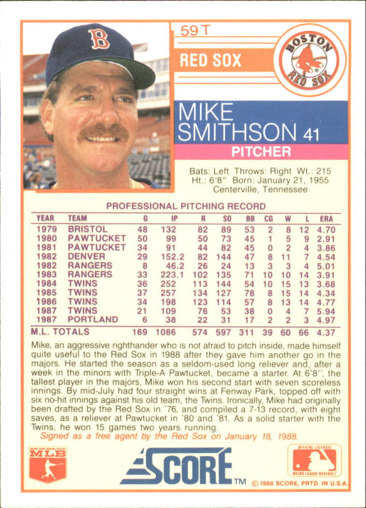 1988 Score Rookie/Traded #59T Mike Smithson back image