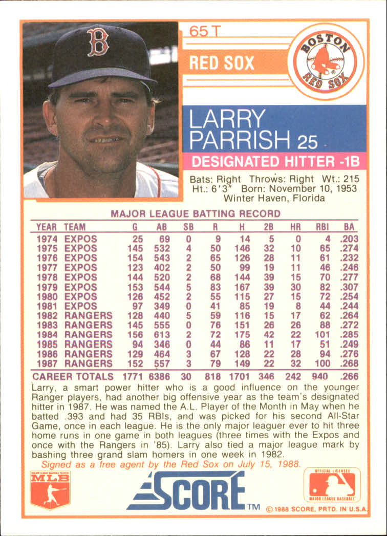 1988 Score Rookie/Traded #65T Larry Parrish back image