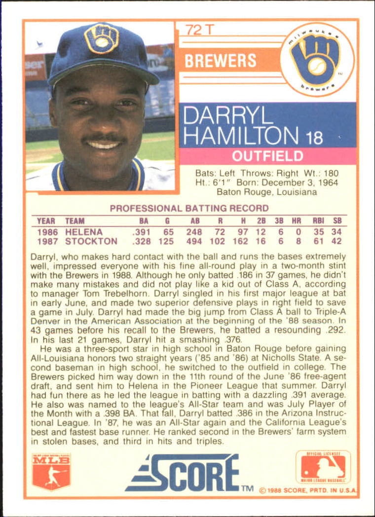 1988 Score Rookie/Traded #72T Darryl Hamilton XRC back image