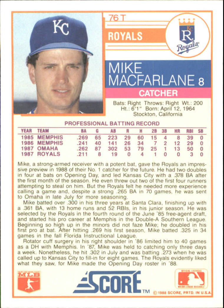 1988 Score Rookie/Traded #76T Mike Macfarlane XRC back image