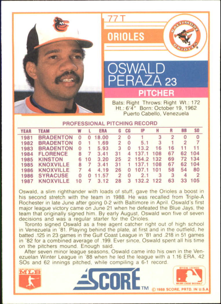 1988 Score Rookie/Traded #77T Oswald Peraza XRC back image
