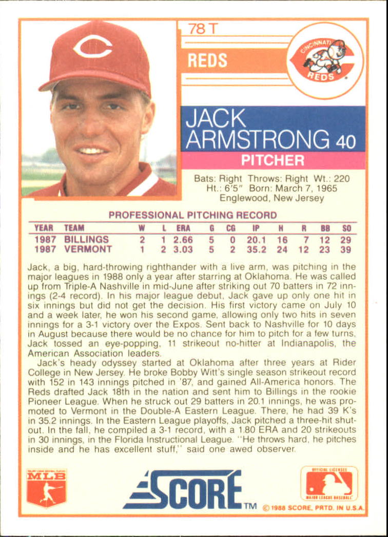 1988 Score Rookie/Traded #78T Jack Armstrong XRC back image